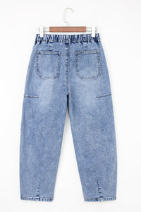 High-Waisted Cotton Blend Barrel Jeans in Medium Blue with practical styling, blue, photo 8