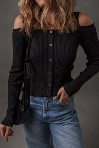 Black Ribbed Knit Cold Shoulder Button Front Sweater