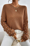 Cozy Chestnut Beaded Drop Shoulder Sweater for Women - Oversized Casual Elegance with Round Neck Design