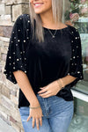 Chic Women's Black Velvet Top with Pearl Beading - Elegant Half Sleeve Design for Casual or Evening Events