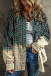 Green Plaid Patchwork Button Up Shacket with Chest Pocket