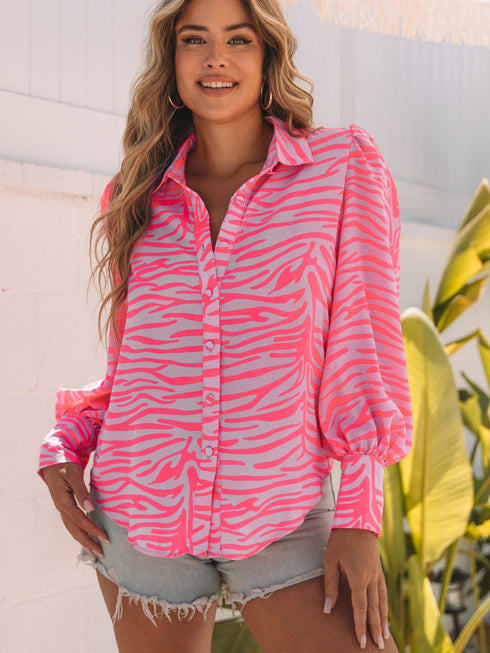 Pink Zebra Print Blouse with Lantern Sleeves