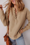 Women's Casual French Beige V-Neck Sweatshirt with Grommet Details for Comfortable Stylish Layering