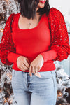 Women's Festive Chic Fiery Red Sweater with Sequin Sleeves and Ribbed Knit for Holiday Celebrations