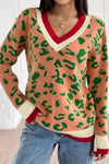 Women's Cozy Orange Leopard Print V-Neck Sweater with Striped Trim - Trendy Knit Top for Stylish Fall Fashion