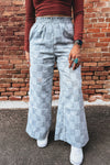 Stylish Women's Sky Blue Loose Denim Pants with Frills, Elastic Waist, and Checkered Design for Comfort and Versatility