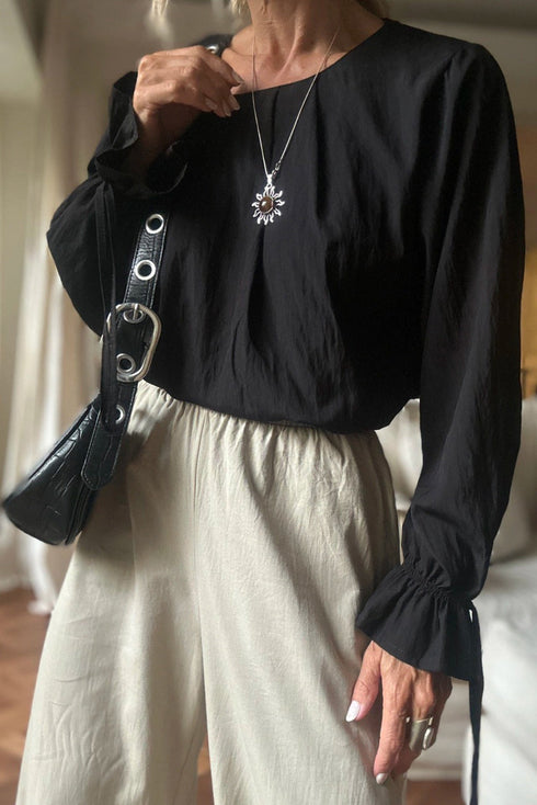 Elegant Black Pleated Long Sleeve Blouse for Women - Flowy Round Neck Top for Casual and Dressy Occasions
