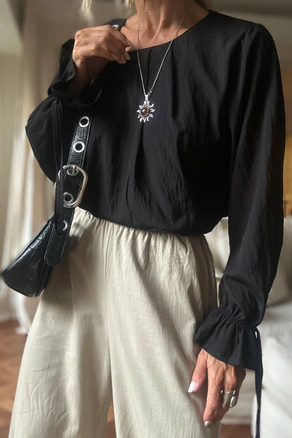 Elegant Black Pleated Long Sleeve Blouse for Women - Flowy Round Neck Top for Casual and Dressy Occasions