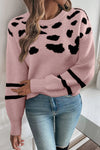 Women's Cozy Pink Leopard Print Drop Shoulder Sweater with Striped Details - Casual Chic Style for All Occasions