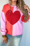 Women's Casual Chic Fiery Red Color Block Long Sleeve Top with Heart Patch and Drop Shoulder Design for Effortless Style