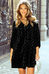 Chic Women's Black Velvet Mini Dress with Textured V-Neck and Fashionable Balloon Sleeves for Effortless Style