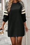 Trendy Women's Black Leopard Print Varsity Sweatshirt Dress with Raglan Sleeves - Stylish & Comfortable Casual Outfit
