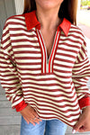 Chic Women's Racing Red Striped Long Sleeve Top with Contrast Collar & Zip V-Neck for Effortless Everyday Style