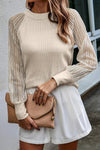 Women's Lightweight Apricot Striped Long Sleeve Ribbed Crewneck Top - Casual Everyday Wear for Effortless Comfort