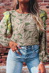 Women's Stylish Green Abstract Leaf Print Long Sleeve Blouse with Ruffle Trim - Trendy Top for Every Occasion
