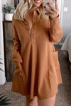 Chestnut Waffle Knit Dress for Women - Stylish Button Collar, Split Neck & Comfortable Fit for Casual or Dressy Events
