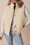 Women's Beige Corduroy Stand Neck Puffer Vest with Zipper - Stylish Layering Piece for Fall and Winter Fashion