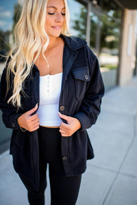 Black Solid Color Exposed Seam Patchwork Button Down Fleece Shacket