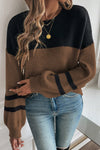 Women's Cozy Dark Brown Color Block Sweater with Striped Sleeves - Effortless Casual Knit for Everyday Style
