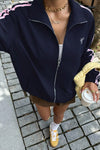 Women's Casual Dirty Blue Zip-Up Sweatshirt Jacket with Stylish Bow Embroidery - Perfect for Everyday Comfort
