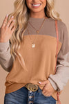 Stylish Women's Khaki Color Block Ribbed Long Sleeve Top - Relaxed Fit for Effortless Comfort and Trendy Looks