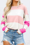 Women's Casual Chic Light Pink Colorblock Striped Long Sleeve Drop Shoulder Top for Effortless Everyday Style