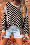 Women's Khaki Checkered High-Low Casual Top with Patchwork Design - Trendy & Comfortable for Everyday Wear