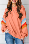 Colorful Women's Loose Fit Crew Neck Sweatshirt with Rainbow Striped Sleeves and Flamingo Design - Casual Style