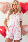 Women's Pink Bowknot Pajama Set with Ruffled Shorts - Cute Short Sleeve Loungewear for Comfy Relaxation at Home