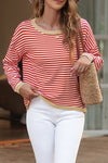 Trendy Women's Fiery Red Striped Drop Shoulder Sweater with Contrast Trim and Relaxed Fit for Effortless Style