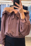 Stylish Women's Off-Shoulder Long Sleeve Blouse in Wild Ginger with Knot Front & Frill for Effortless Casual Elegance