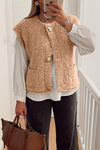 Cozy Women's Light French Beige Fuzzy Pocket Vest with Big Button Accents – Essential Layer for Chic Fall Outfits