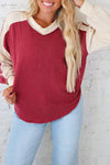 Trendy Women's Long Sleeve Twisted Ribbed Color Block Top in Racing Red - Comfortable Fit for Chic Outfits