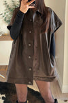Women's Chicory Coffee Faux Leather Collared Jacket - Stylish Short Sleeve Outerwear for Effortless Trendy Looks