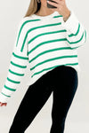 Women's Cozy Green Stripe Ribbed Knit Sweater - Relaxed Fit Drop Shoulder Design for Effortless Casual Chic