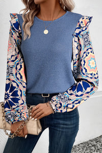 
Women's Casual Chic Blue Floral Ruffled Sleeve Blouse - Stylish Patchwork Waffle Knit Top for Effortless Elegance