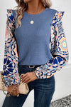 Women's Casual Chic Blue Floral Ruffled Sleeve Blouse - Stylish Patchwork Waffle Knit Top for Effortless Elegance