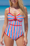 Women's Red Floral Cutout One-Piece Swimsuit with Spaghetti Straps & Star Stripes for July 4th Celebrations