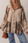 Women's Boho Floral Plaid Distressed Ruffled Sleeve Shacket in Oatmeal - Casual Chic Knit Jacket for Effortless Style