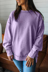 Lavender Women's Drop Shoulder Baggy Pullover Sweater with Horizontal Ribbed Texture and Stylish Exposed Seams