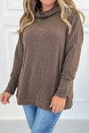 Cozy Women's Dark Brown Ribbed Turtleneck Sweater - Loose Fit Drop Shoulder Pullover for Effortless Casual Style
