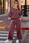 Chic Mineral Red Women's Varsity Stripe Puff Sleeve Pullover & Drawstring Wide Leg Pant Set for Effortless Style