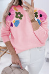 Cozy Women's Pink Knitted Sweater with Floral Design & Ribbed Edges - Perfect for Casual Outings and Everyday Style
