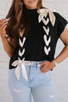 Chic Women's Black Cable Knit Colorblock Sweater with Satin Bow - Short Sleeve Casual Top for Stylish Everyday Looks