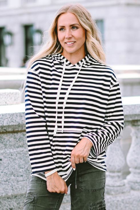 Classic Striped Kangaroo Pocket Hoodie with Drawstring