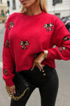 Chic Women's Racing Red Leopard Print Bow Sweater - Cozy Drop Shoulder Design for Effortless Style and Comfort