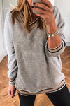 Trendy Women's Gray Varsity V-Neck Sweatshirt with Striped Trim - Stylish and Comfortable for Everyday Casual Wear
