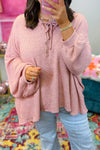 Cozy Plus Size Gossamer Pink Waffle Knit Hooded Sweater with Bubble Sleeves for Women - Stylish Casual Fashion