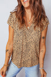 Trendy Women's Apricot Cheetah Print Frilled V-Neck Blouse with Short Sleeves and Shirred Detail for Casual Style