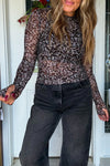 Women's Black Ditsy Floral Mesh Top with Thumbhole Sleeves - Trendy Casual Wear for Effortless Style and Comfort